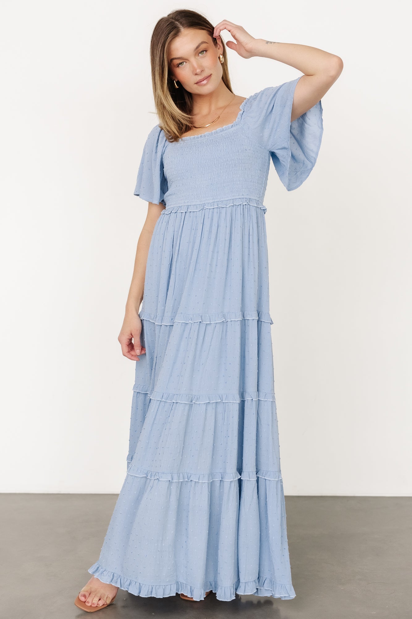 Lenora Smocked Dotted Maxi Dress | Dusty Blue Secondary image