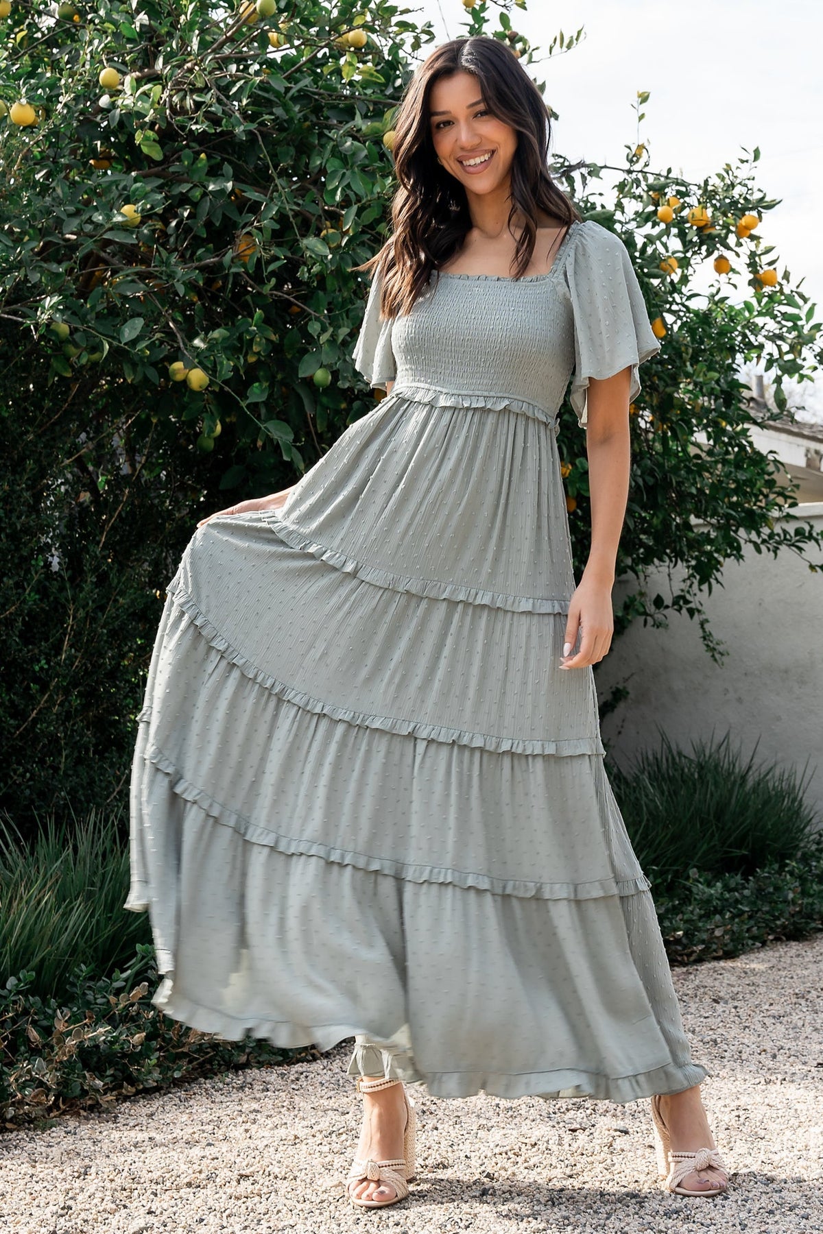 Lenora Smocked Dotted Maxi Dress | Sage Main image