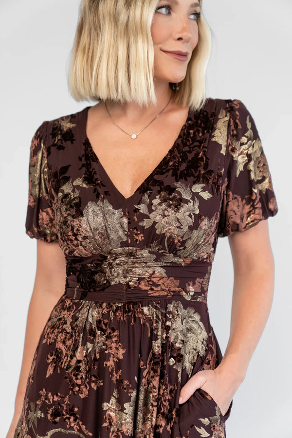 Leslie Velvet Maxi Dress | Brown + Metallic Gold