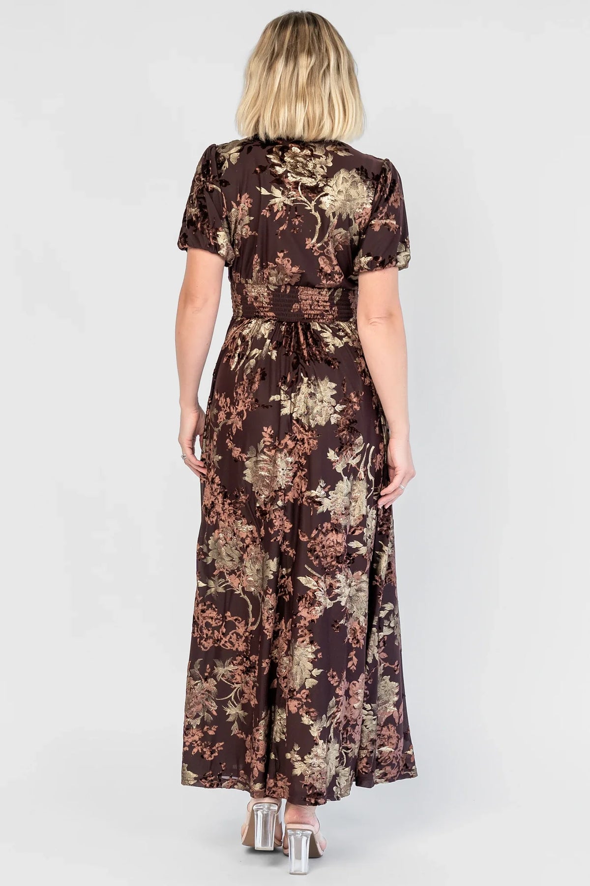 Leslie Velvet Maxi Dress | Brown + Metallic Gold