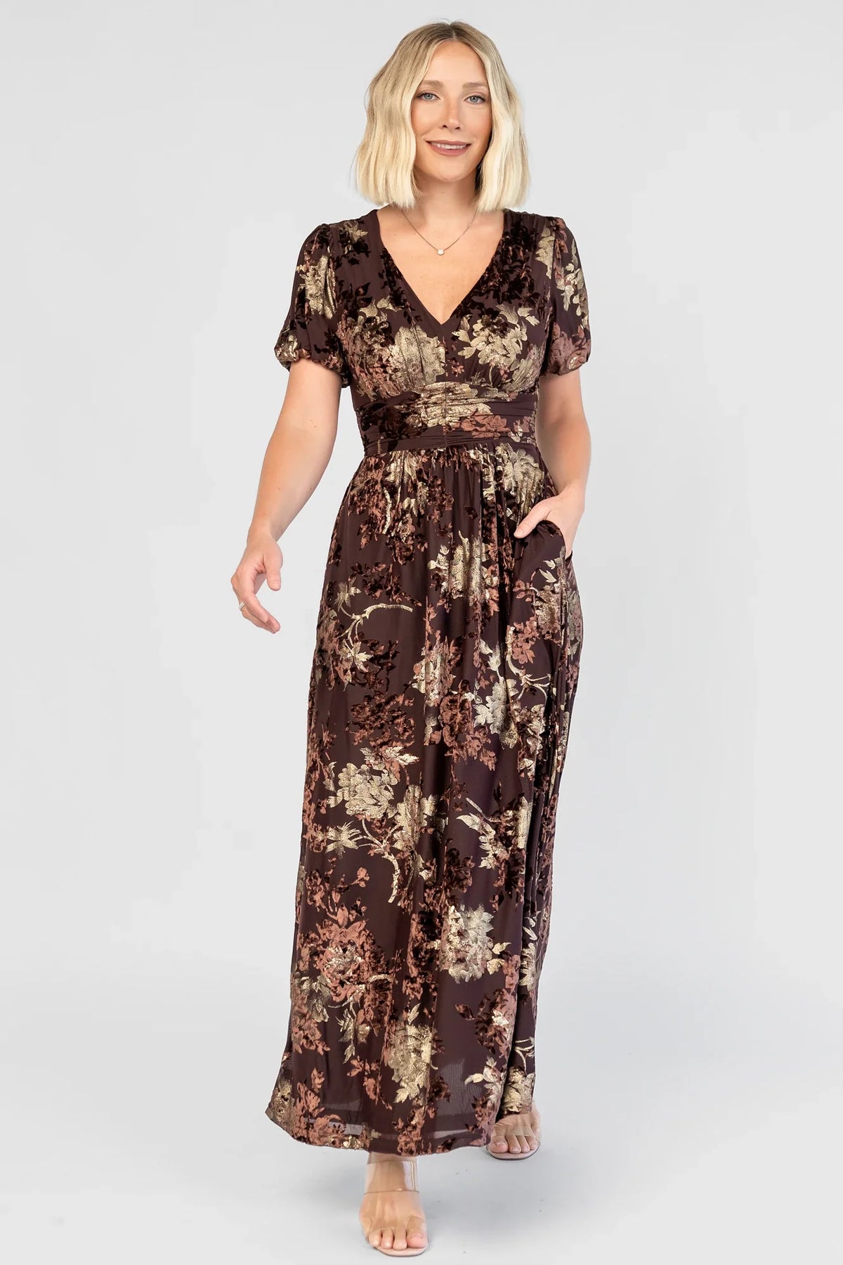 Leslie Velvet Maxi Dress | Brown + Metallic Gold