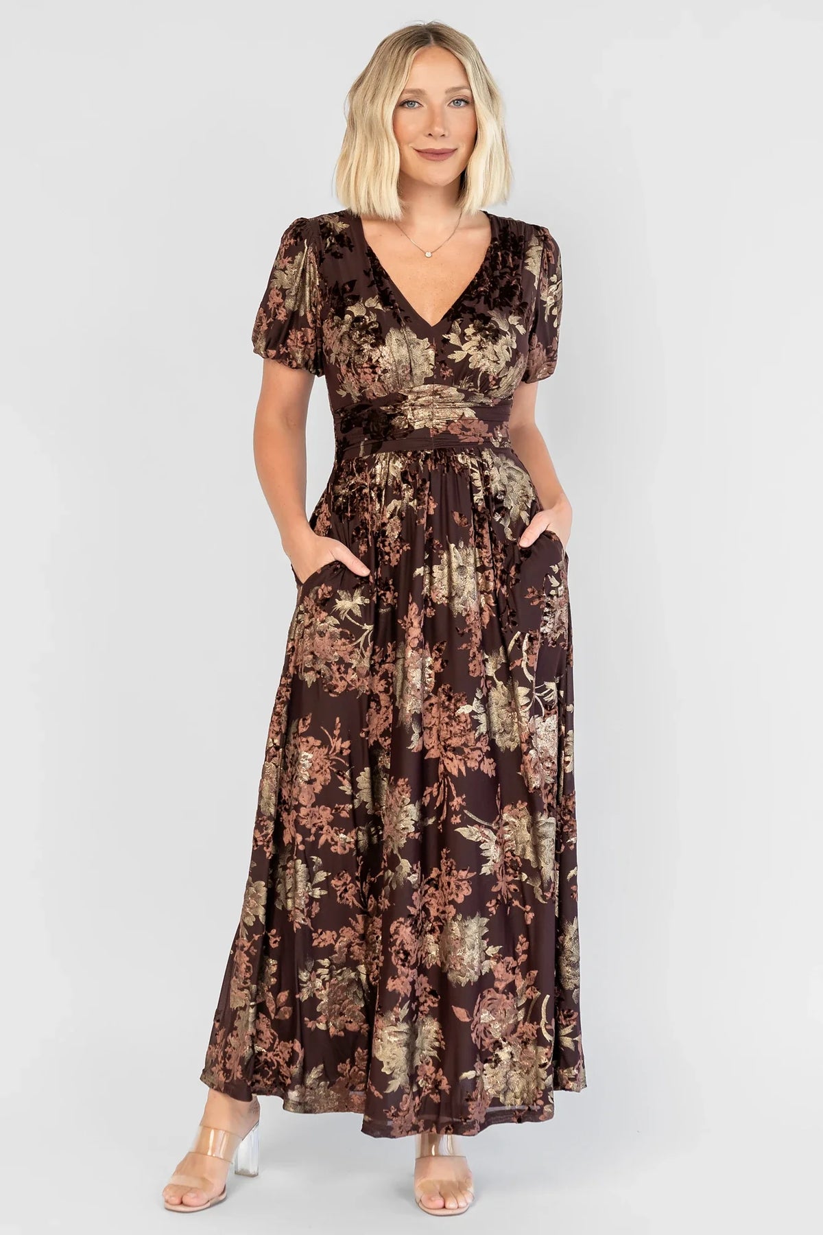 Leslie Velvet Maxi Dress | Brown + Metallic Gold Main image