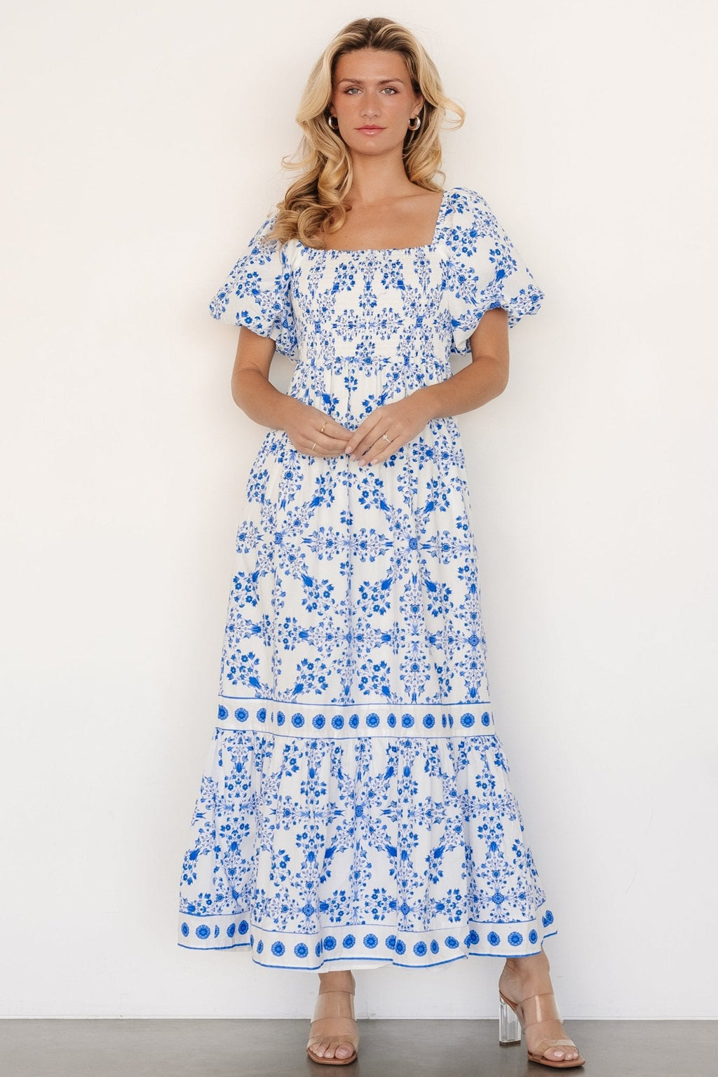 Lexa Smocked Maxi Dress | Off White + Blue Floral