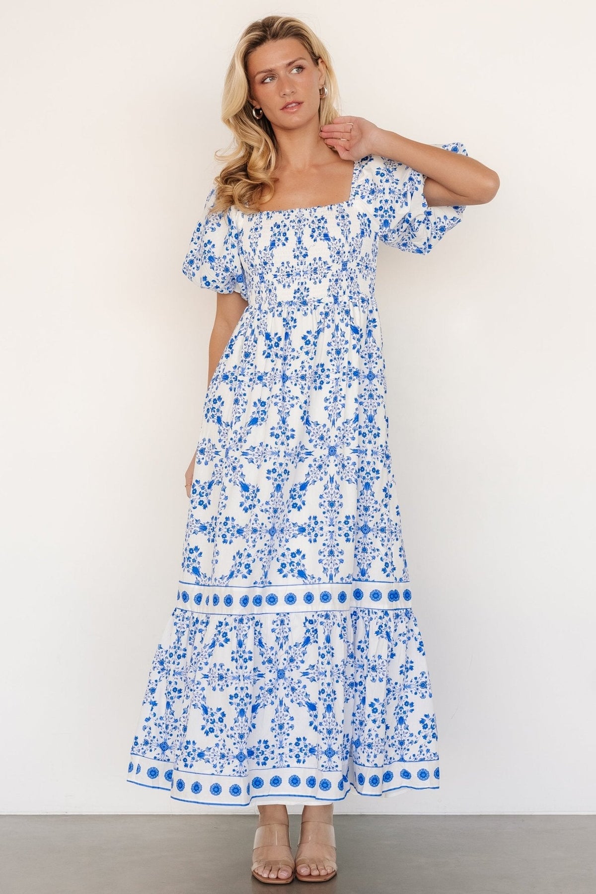 Lexa Smocked Maxi Dress | Off White + Blue Floral