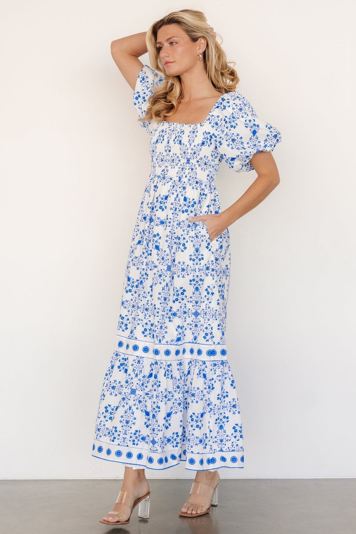 Lexa Smocked Maxi Dress | Off White + Blue Floral
