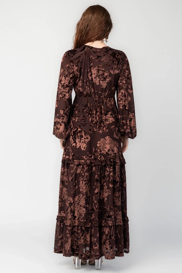 Liana Velvet Embossed Maxi Dress | Brown