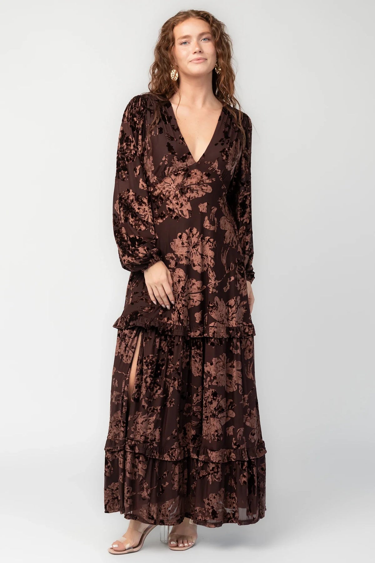 Liana Velvet Embossed Maxi Dress | Brown Main image