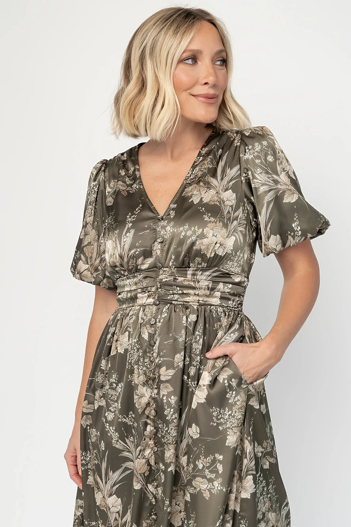 Lilibet Satin Dress | Olive Floral