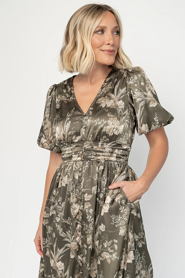 Lilibet Satin Dress | Olive Floral