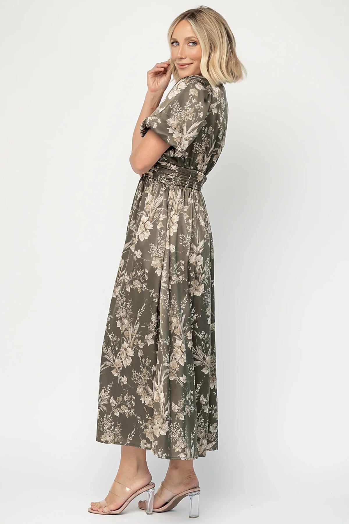 Lilibet Satin Dress | Olive Floral