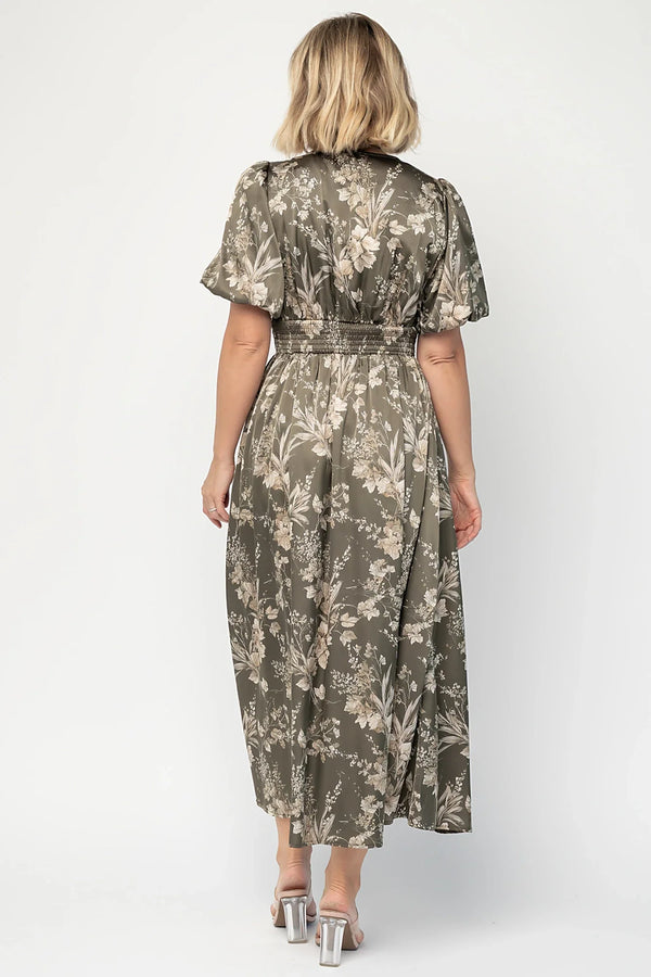 Lilibet Satin Dress | Olive Floral