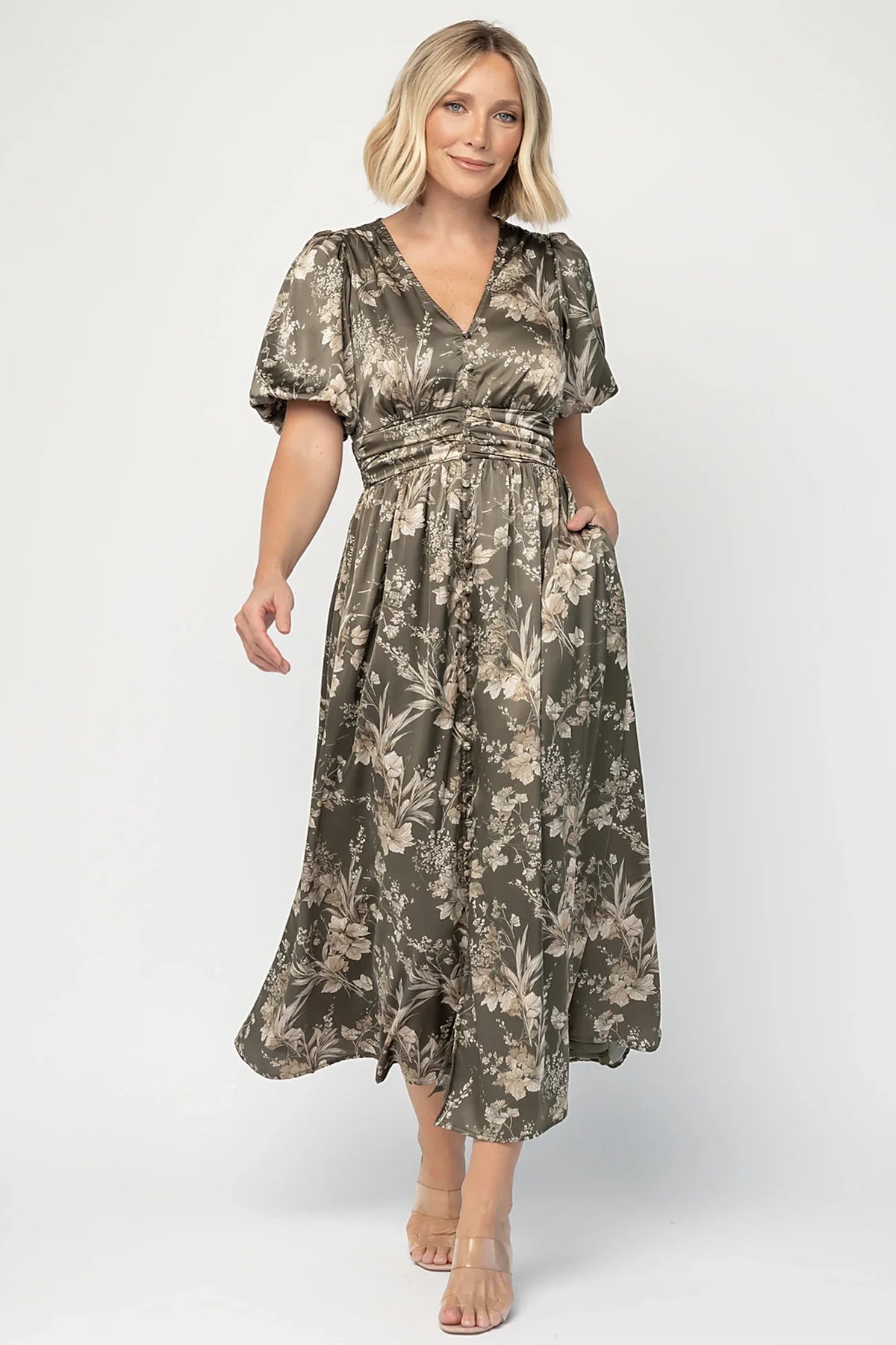 Lilibet Satin Dress | Olive Floral