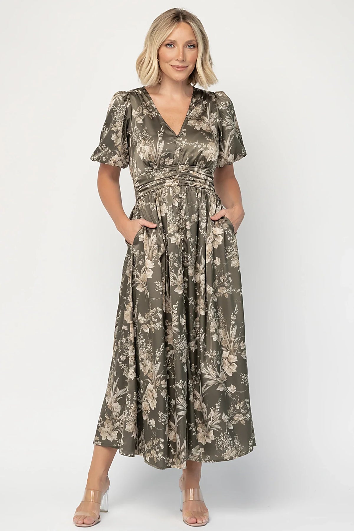 Lilibet Satin Dress | Olive Floral Main image