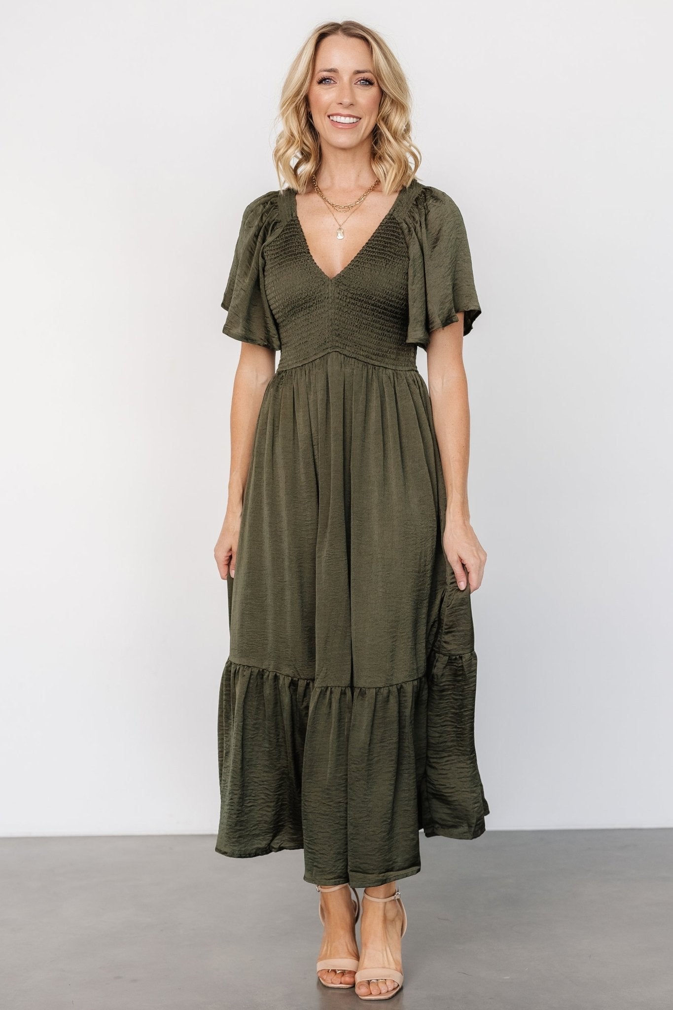 Lovell Smocked Midi Dress | Deep Olive Secondary image