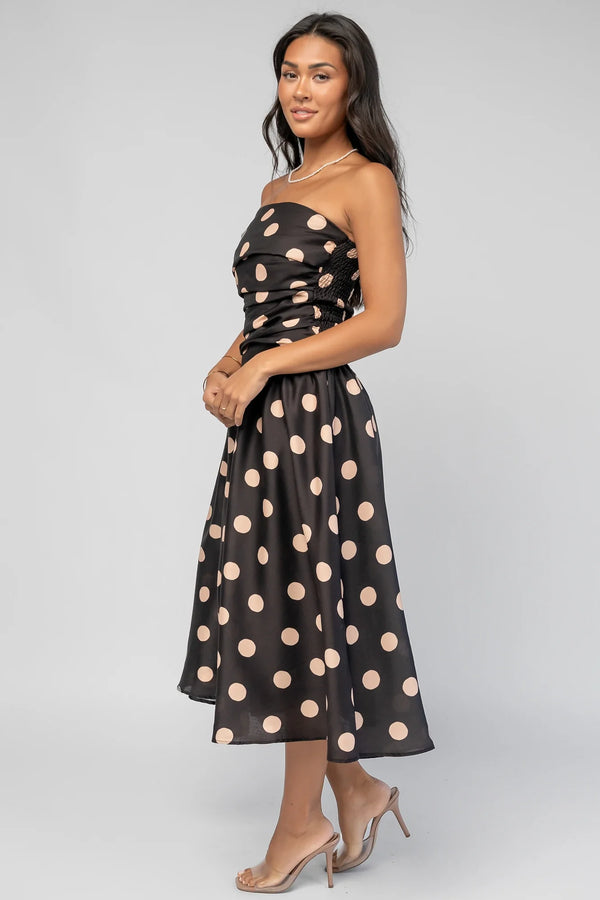 Lucienne Strapless Midi Dress | Black + Beige Dot