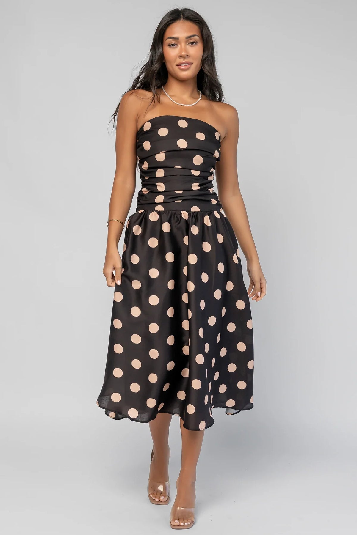 Lucienne Strapless Midi Dress | Black + Beige Dot