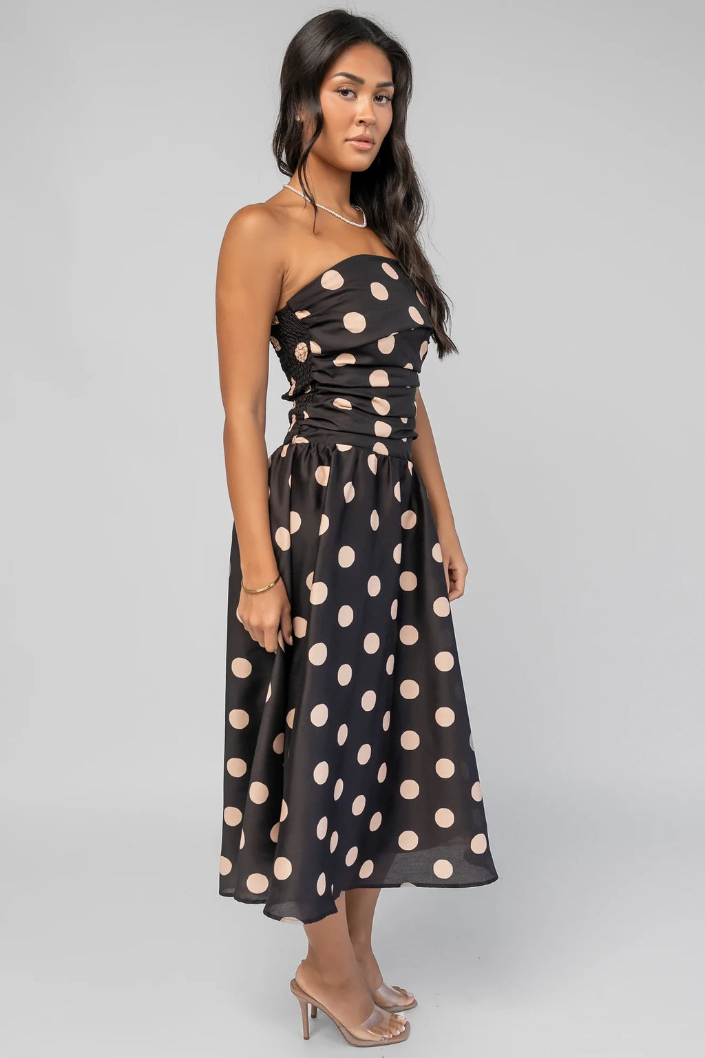 Lucienne Strapless Midi Dress | Black + Beige Dot