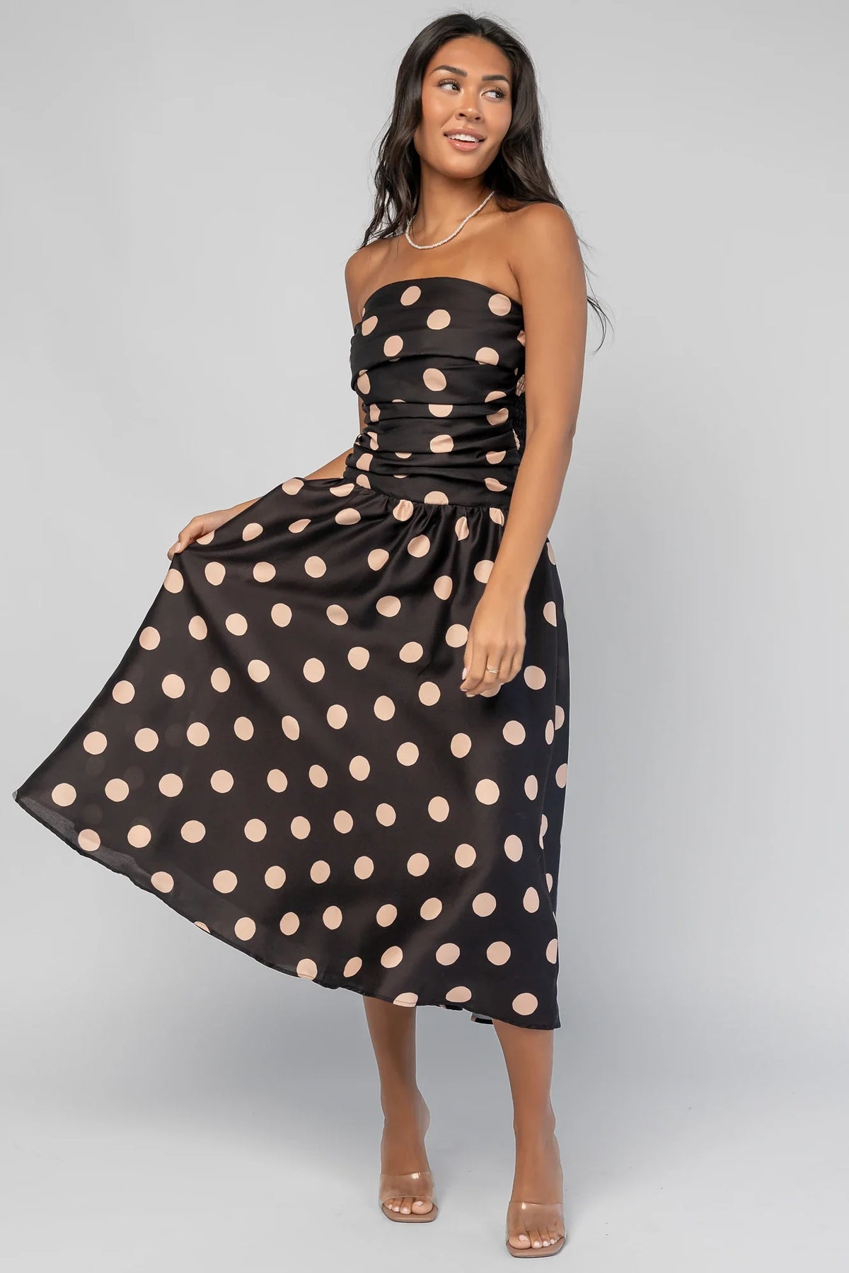 Lucienne Strapless Midi Dress | Black + Beige Dot Main image