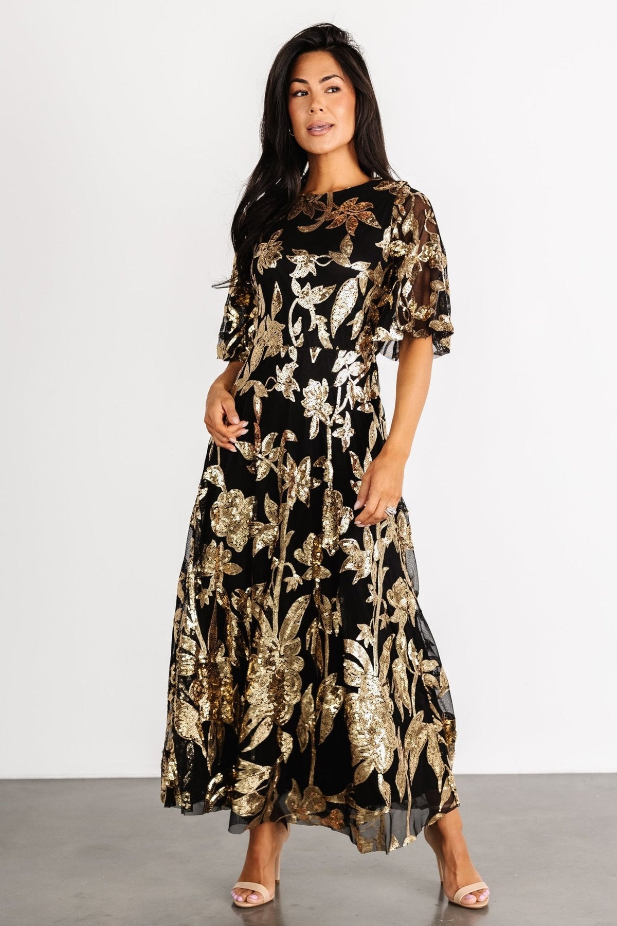 Lucy Sequin Dress | Black + Gold Main image
