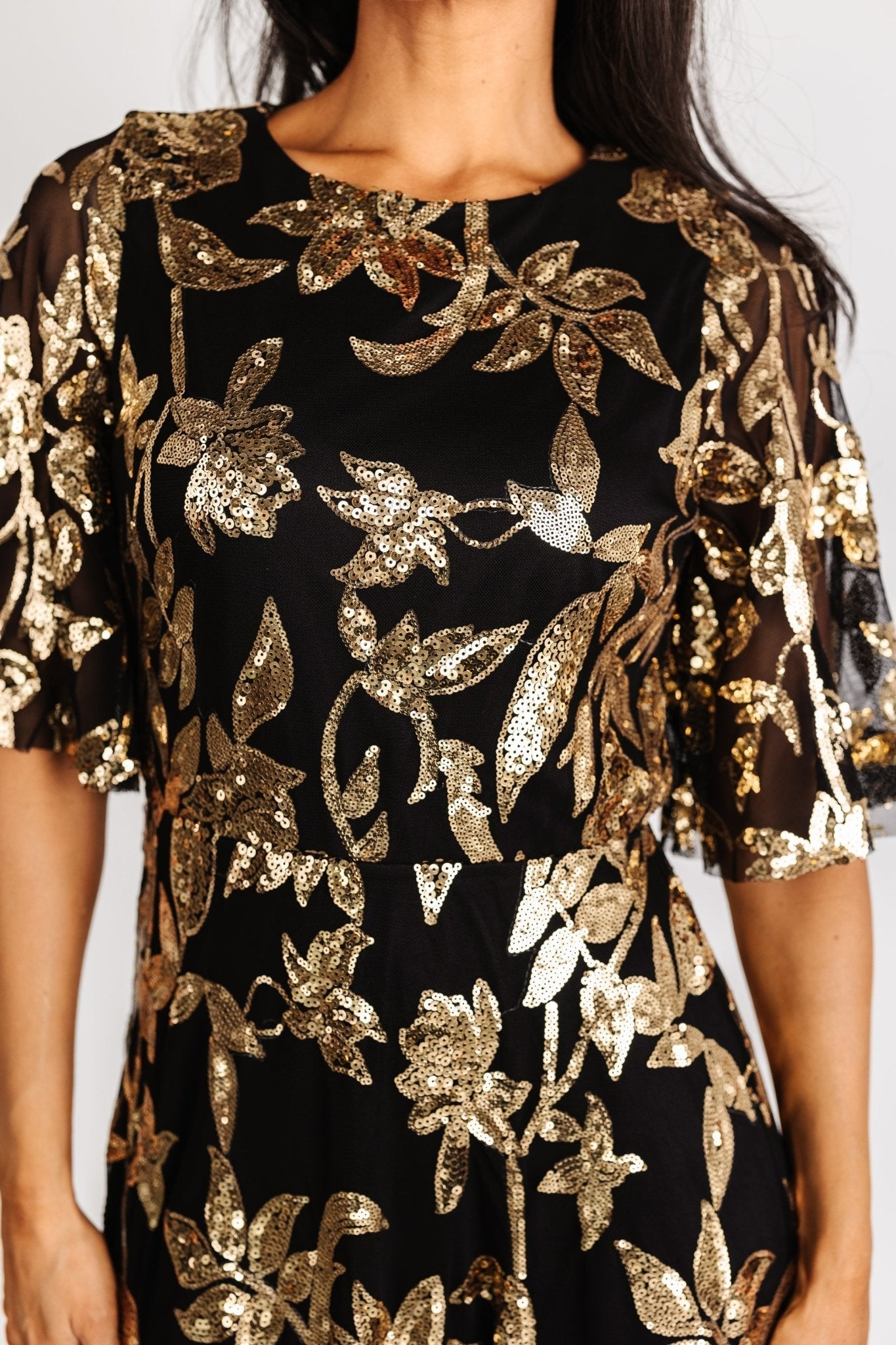Lucy Sequin Dress | Black + Gold Secondary image