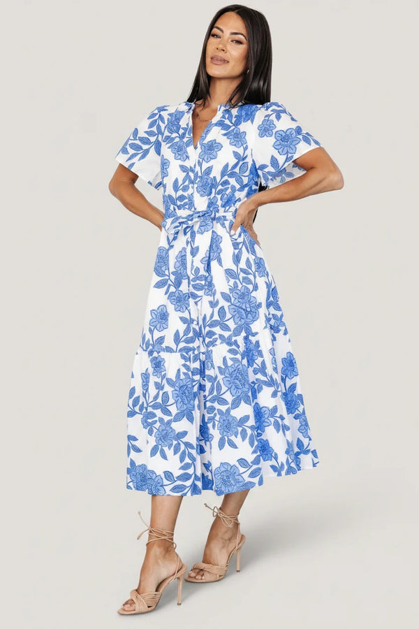 Lydie Button Midi Dress | White + Blue