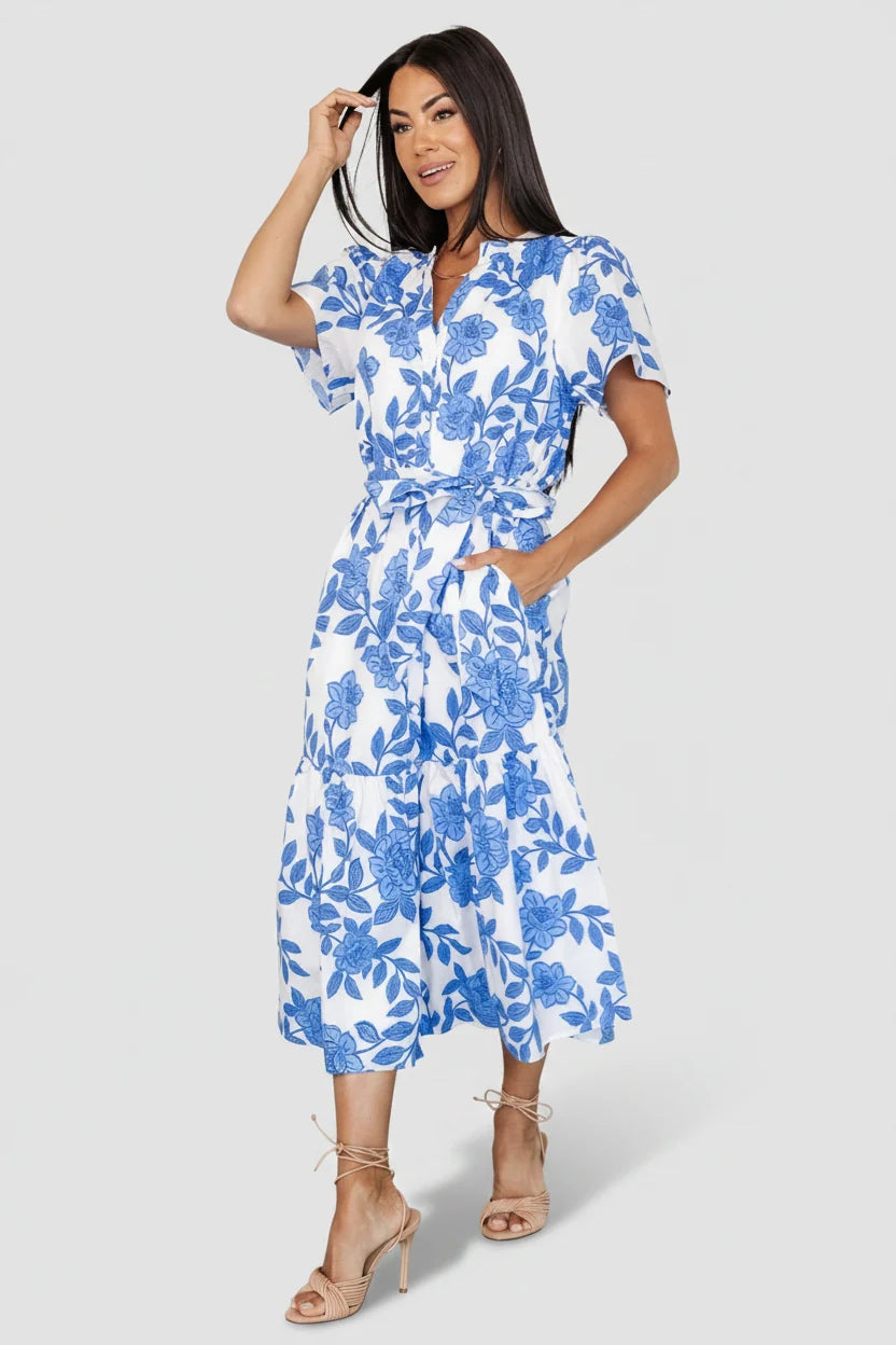 Lydie Button Midi Dress | White + Blue