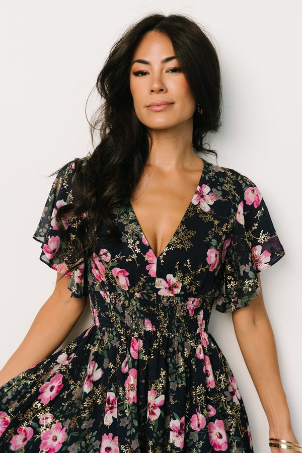 Lynlee Metallic Maxi Dress | Dark Blue + Pink