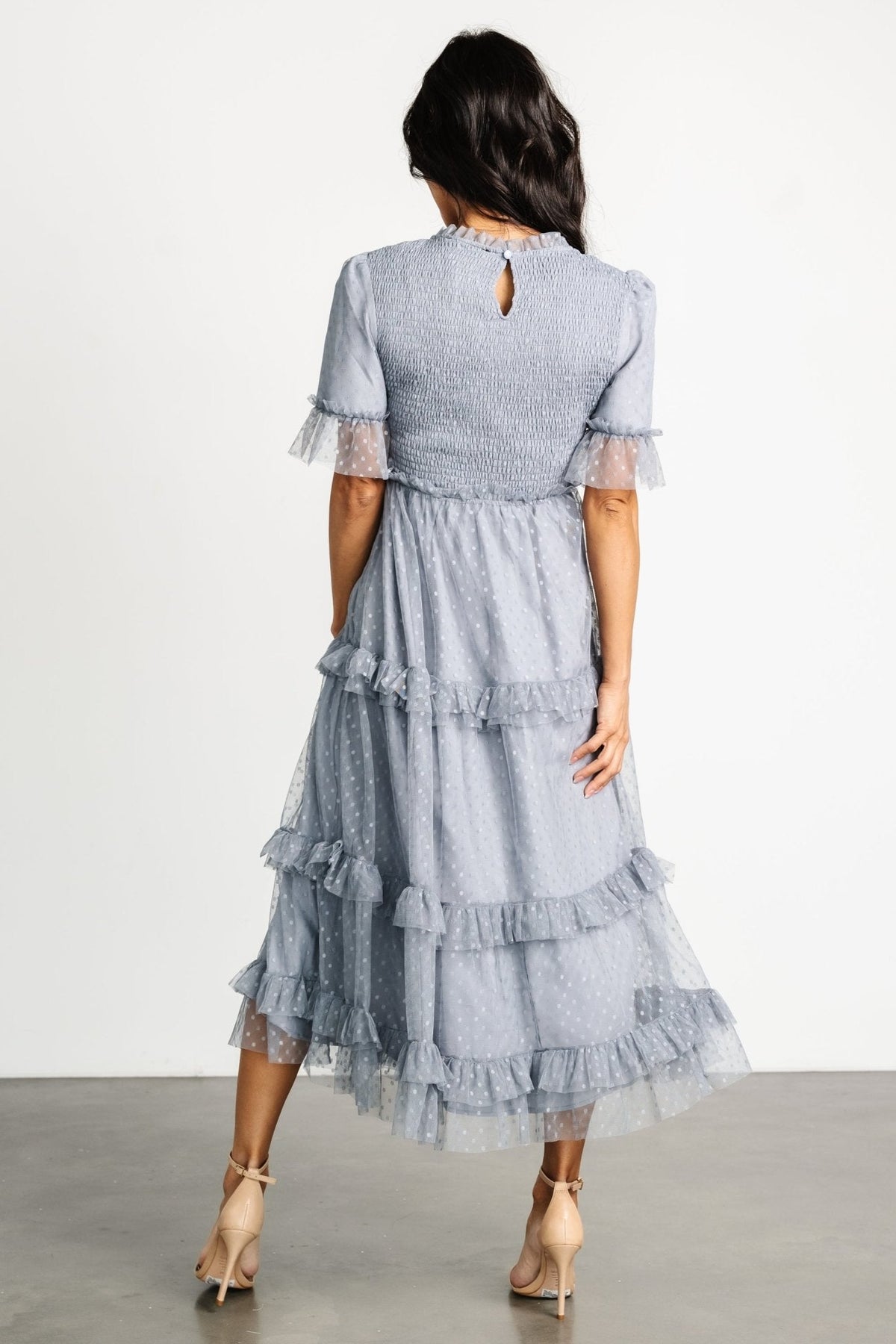 Lysandra Smocked Dot Dress | Dusty Slate