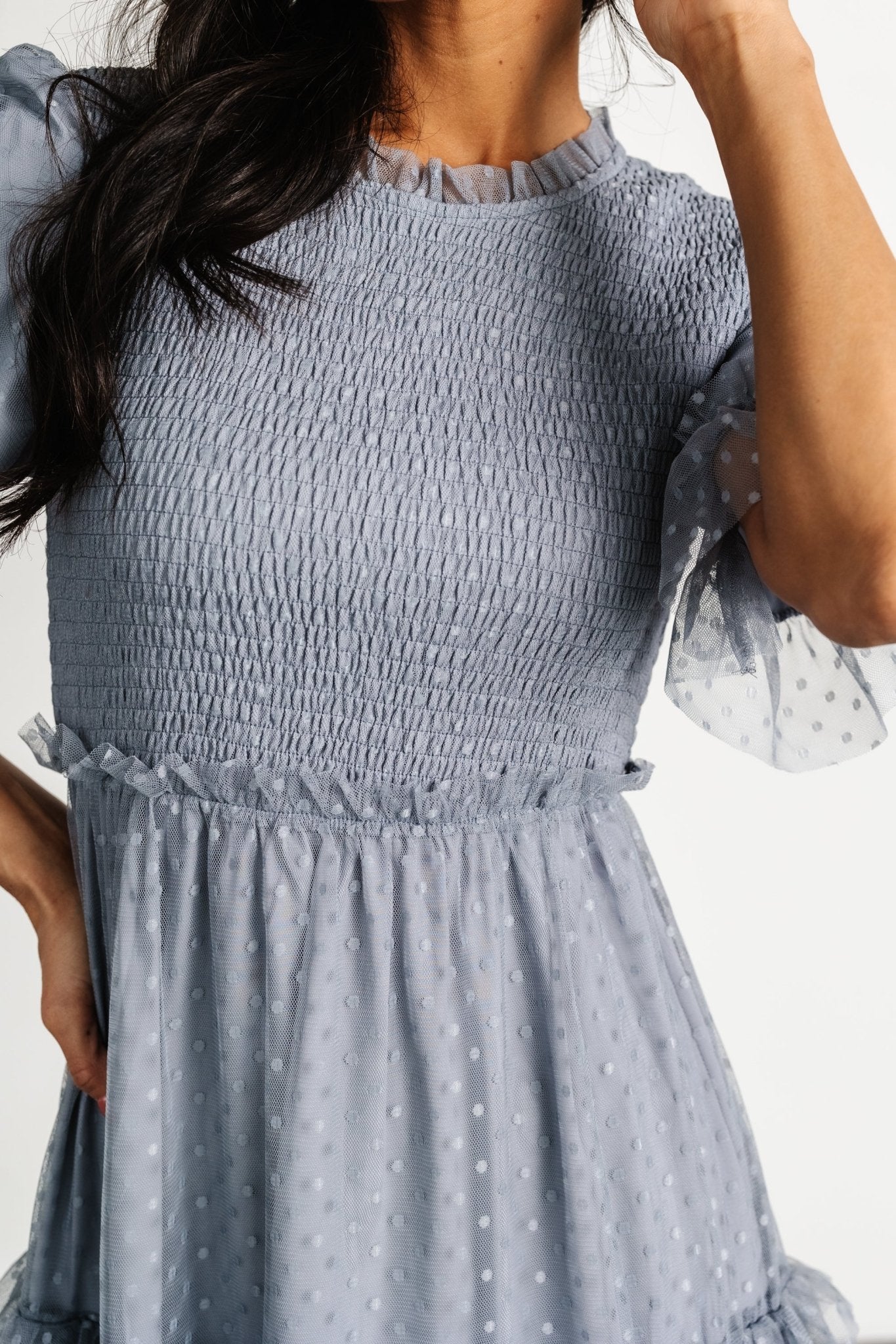 Lysandra Smocked Dot Dress | Dusty Slate Secondary image