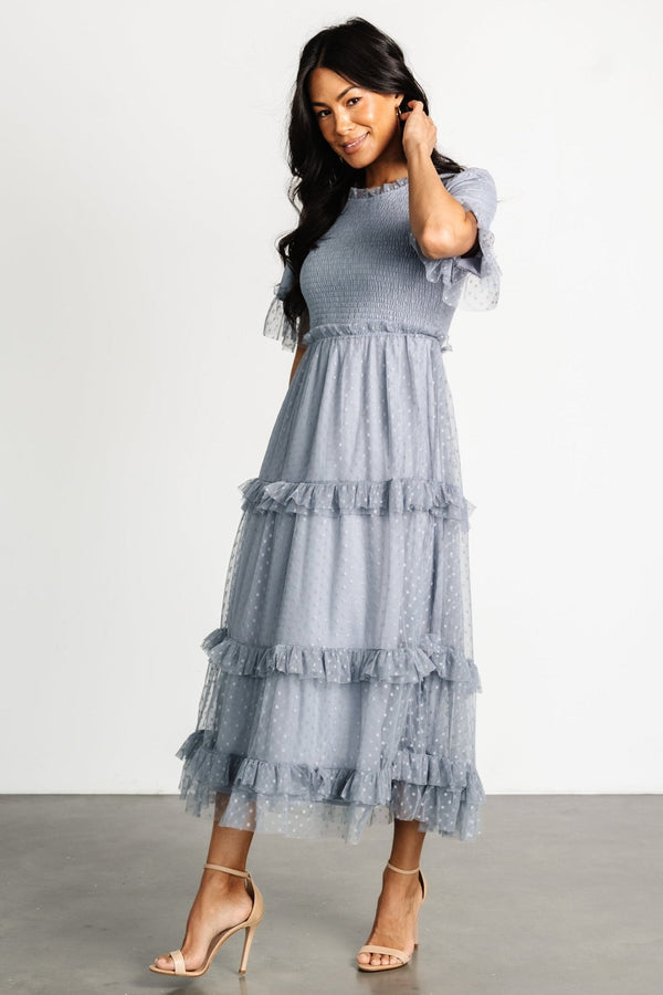 Lysandra Smocked Dot Dress | Dusty Slate
