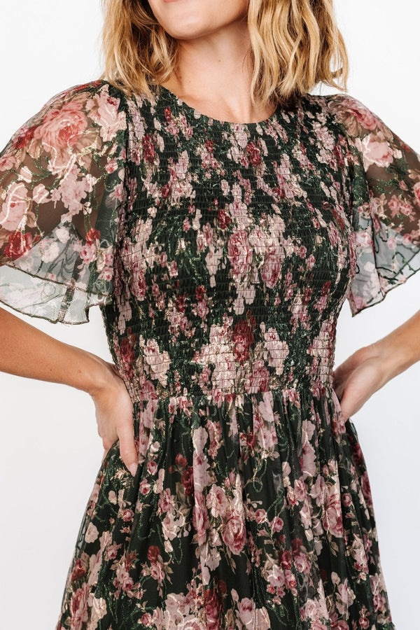 Mara Embroidered Tulle Dress | Dark Green + Blush Floral