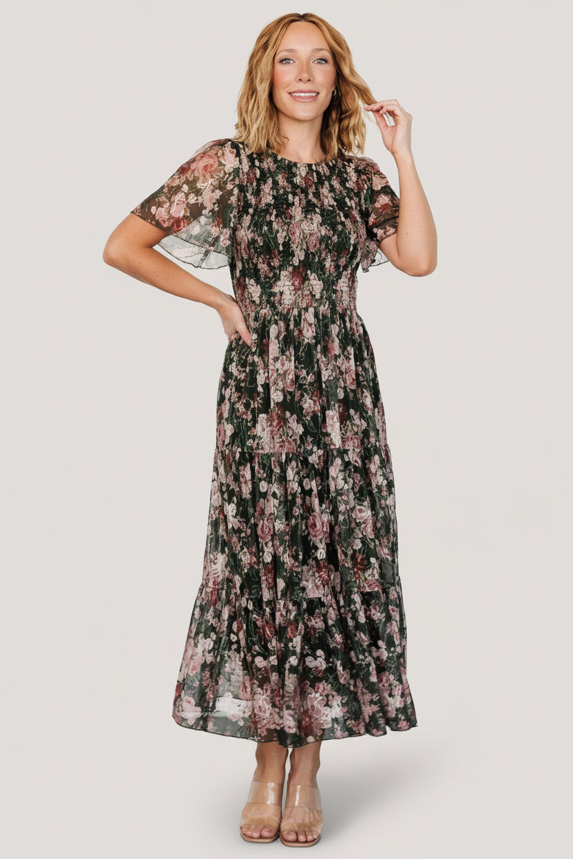 Mara Embroidered Tulle Dress | Dark Green + Blush Floral Main image
