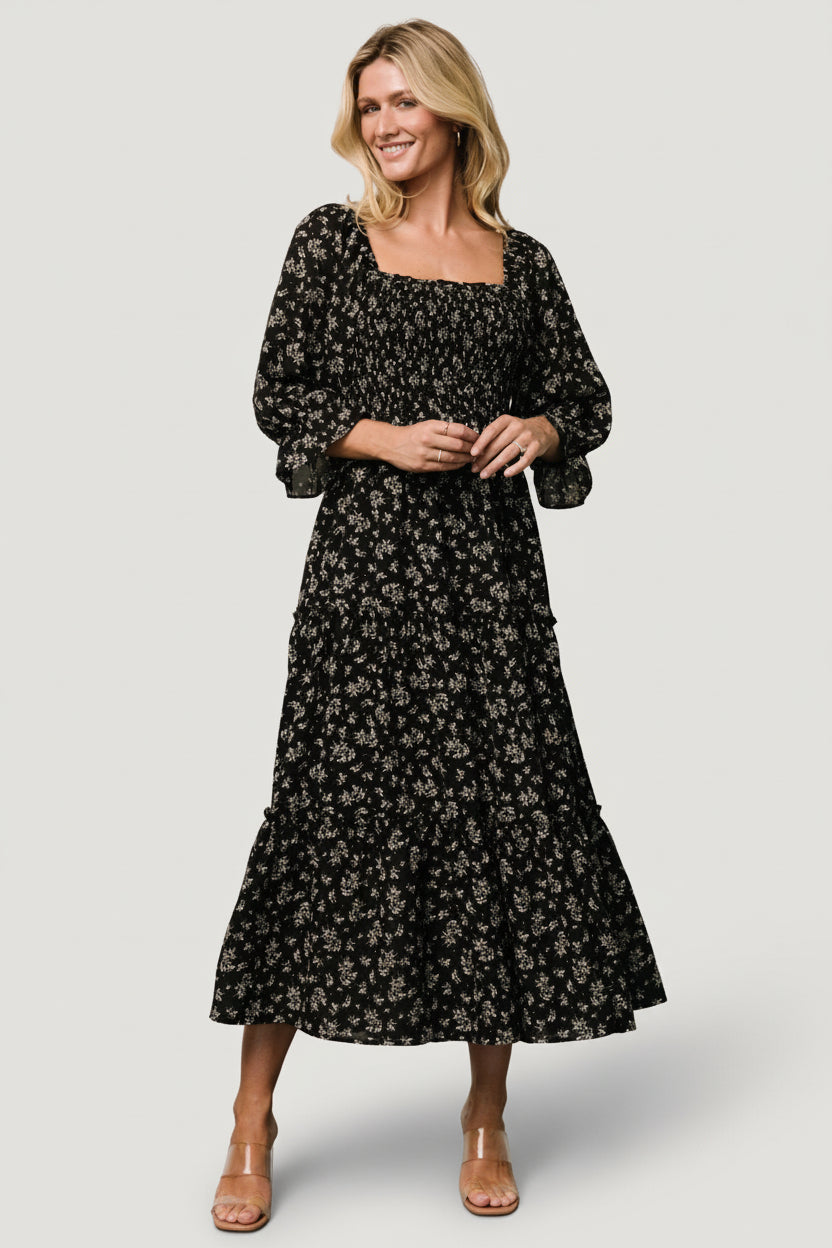 Margareta Tiered Dress | Black Floral Main image