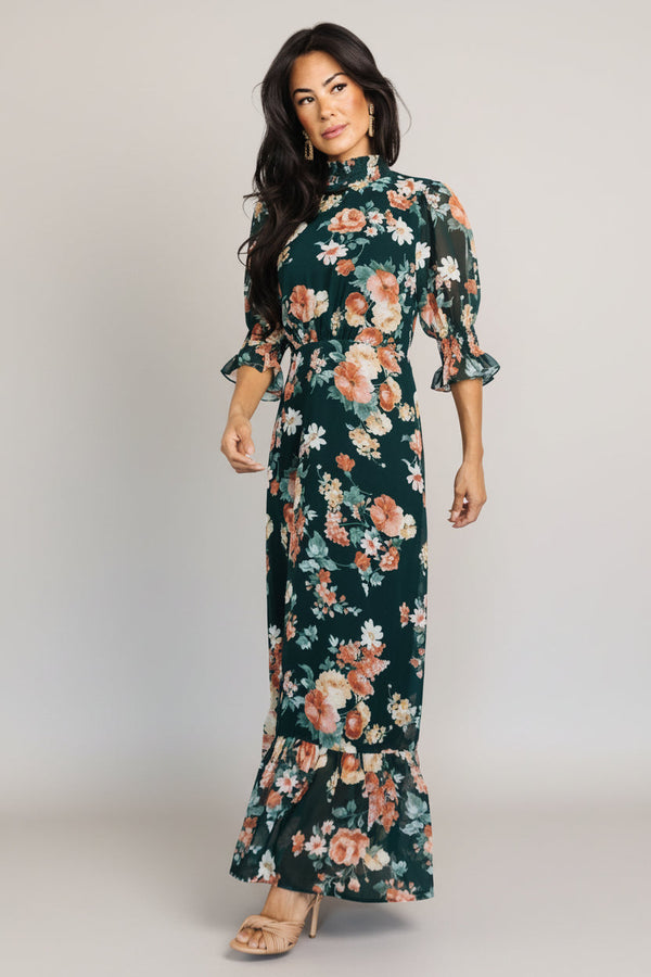 Marie Mock Neck Maxi Dress | Dark Green Floral