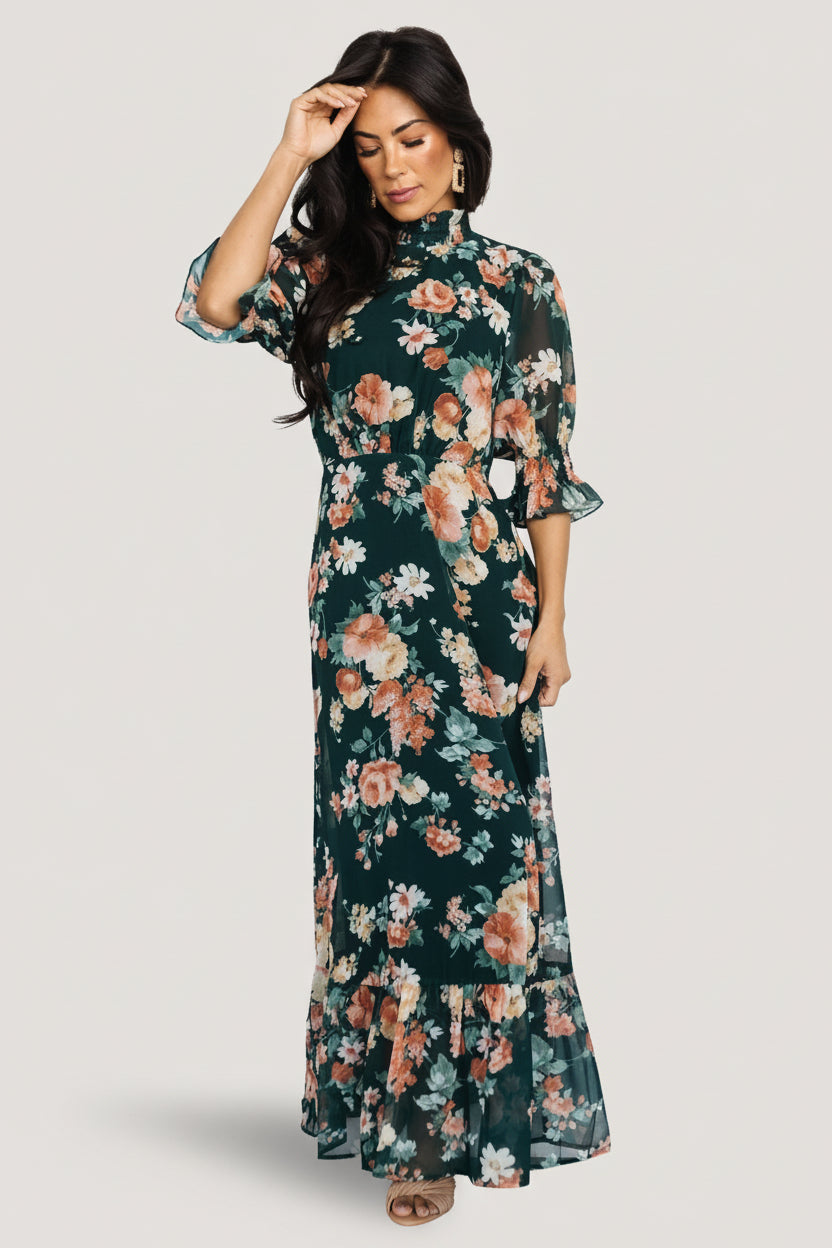 Marie Mock Neck Maxi Dress | Dark Green Floral