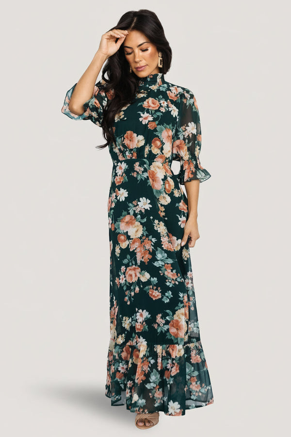 Marie Mock Neck Maxi Dress | Dark Green Floral