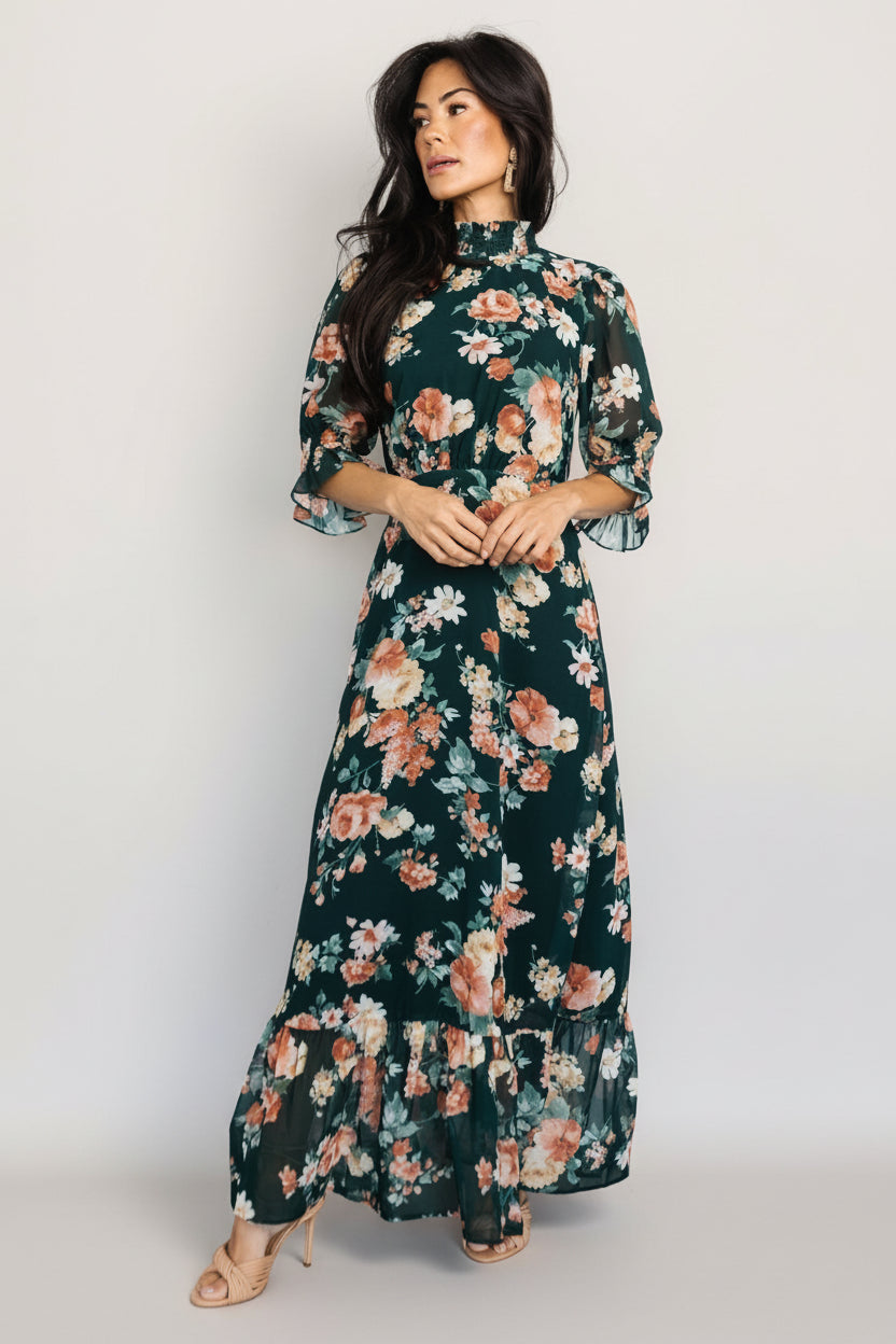 Marie Mock Neck Maxi Dress | Dark Green Floral Main image
