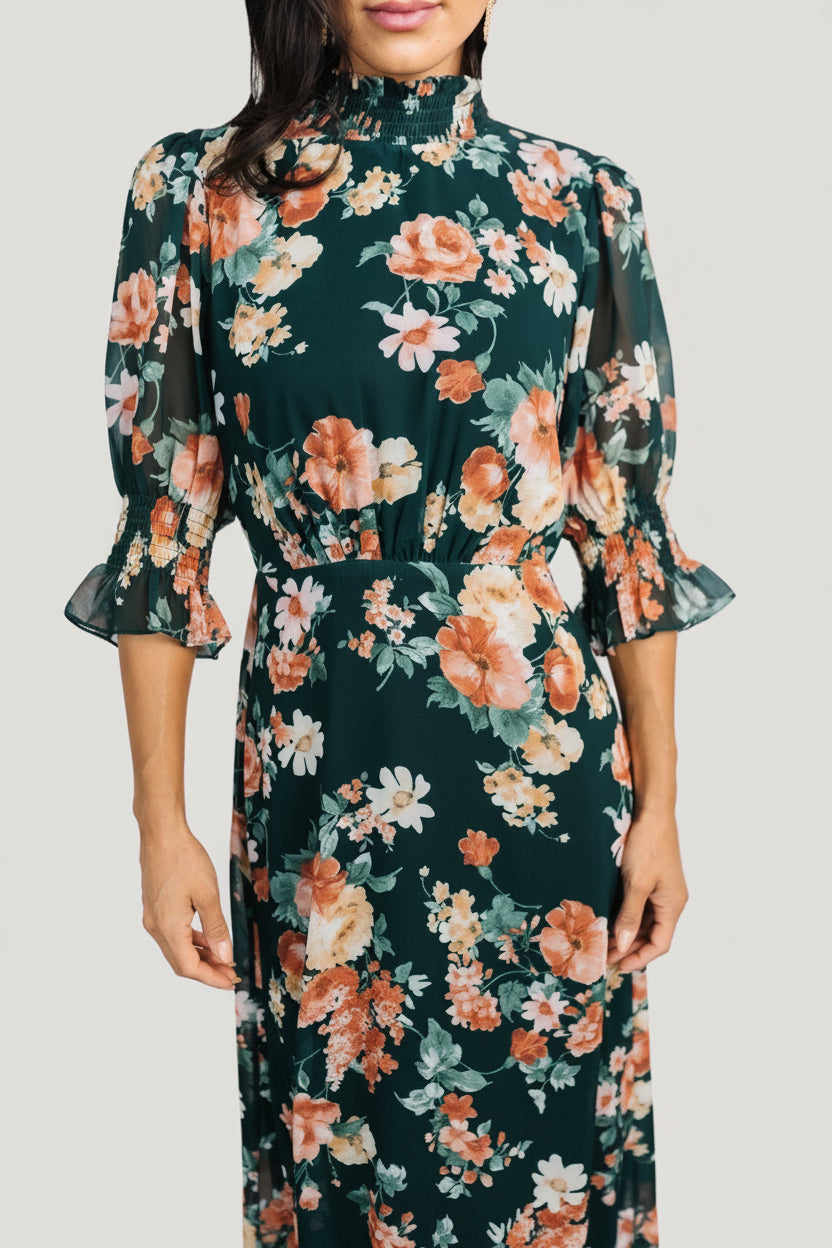 Marie Mock Neck Maxi Dress | Dark Green Floral Secondary image