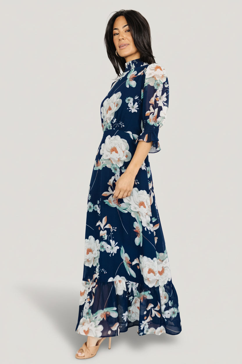 Marie Mock Neck Maxi Dress | Navy Floral