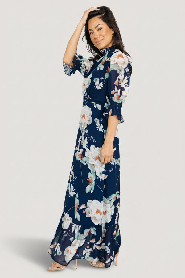 Marie Mock Neck Maxi Dress | Navy Floral