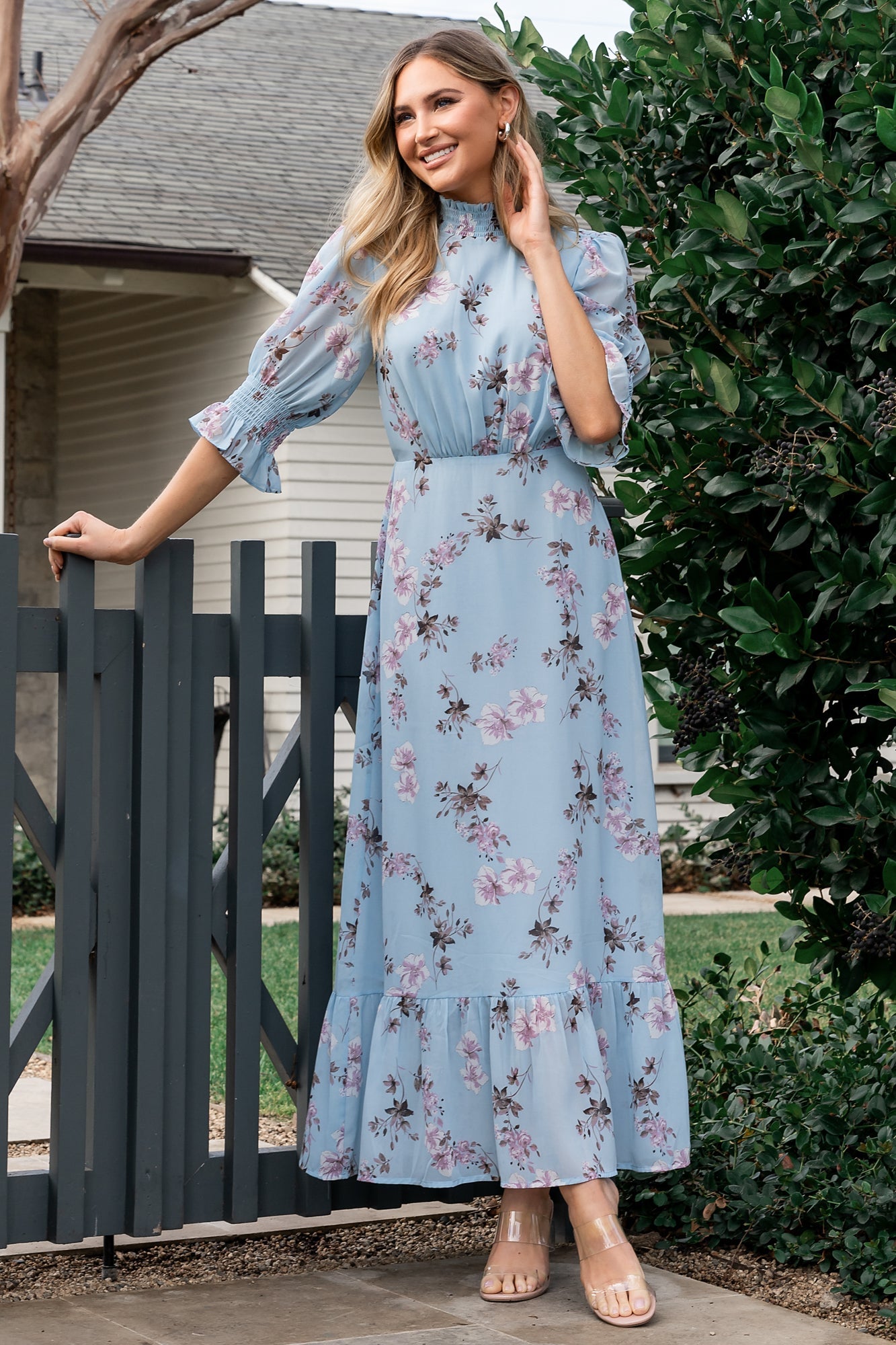 Marie Mock Neck Maxi Dress | Sky Blue Floral Secondary image