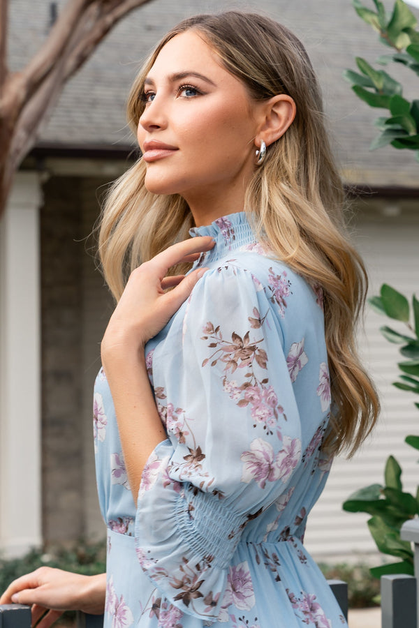 Marie Mock Neck Maxi Dress | Sky Blue Floral