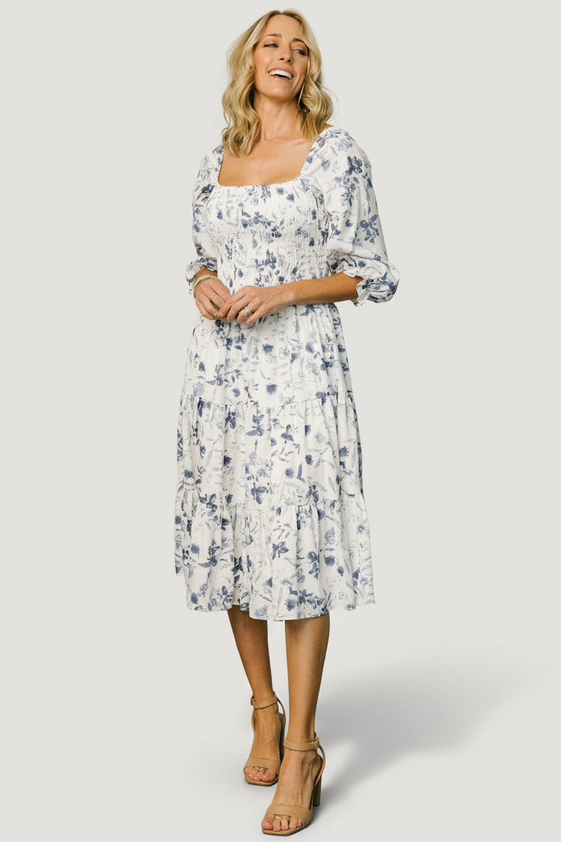 Marta Smocked Midi Dress | White + Blue Main image