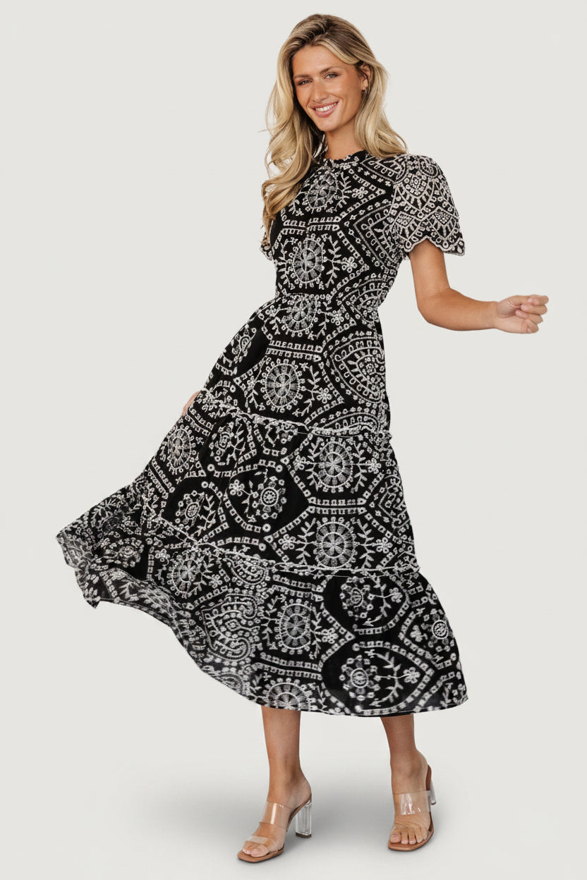 Mirabel Eyelet Midi Dress | Black + White