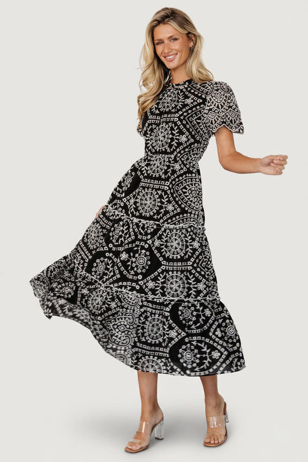 Mirabel Eyelet Midi Dress | Black + White