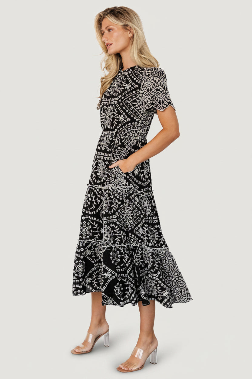Mirabel Eyelet Midi Dress | Black + White