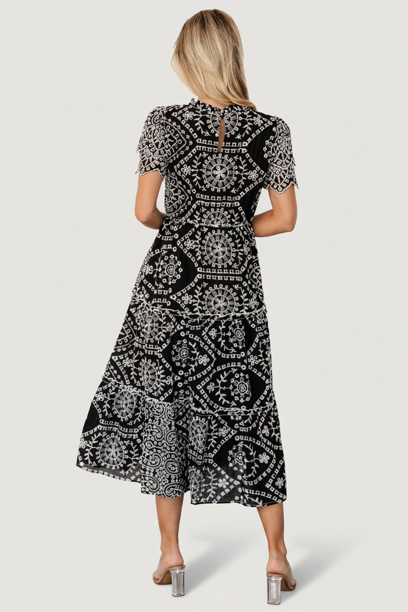 Mirabel Eyelet Midi Dress | Black + White