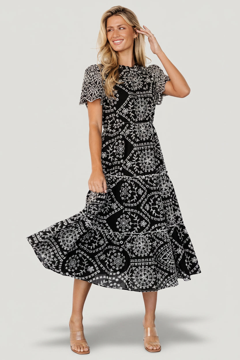 Mirabel Eyelet Midi Dress | Black + White