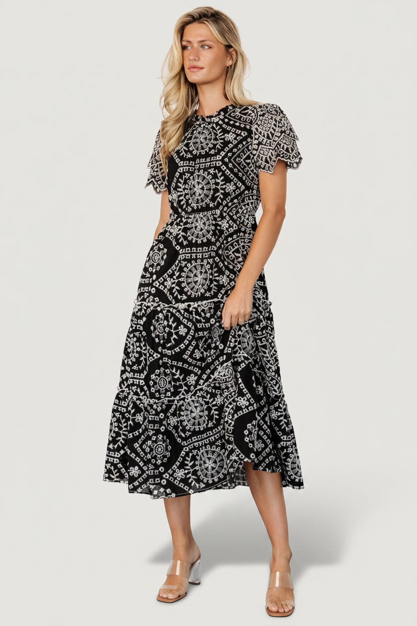 Mirabel Eyelet Midi Dress | Black + White