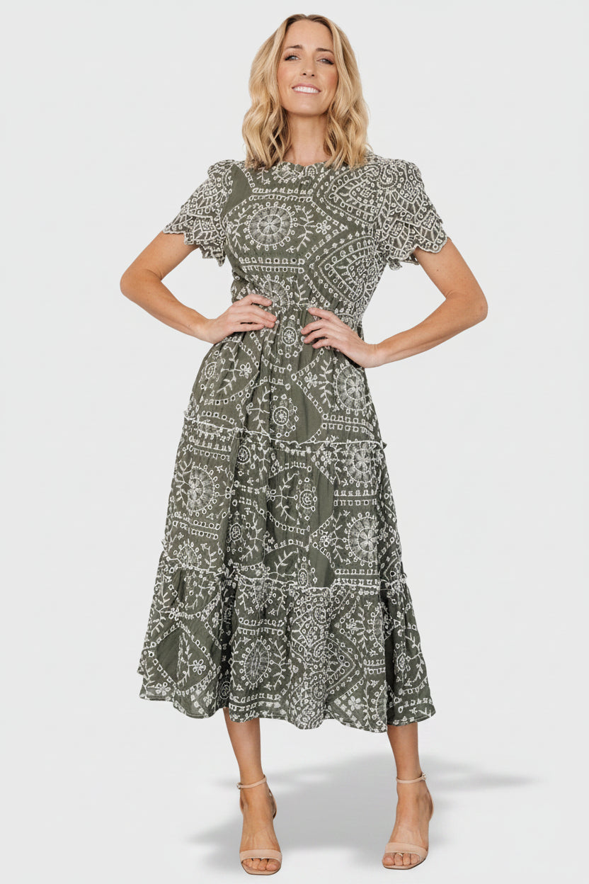 Mirabel Eyelet Midi Dress | Olive + White Main image
